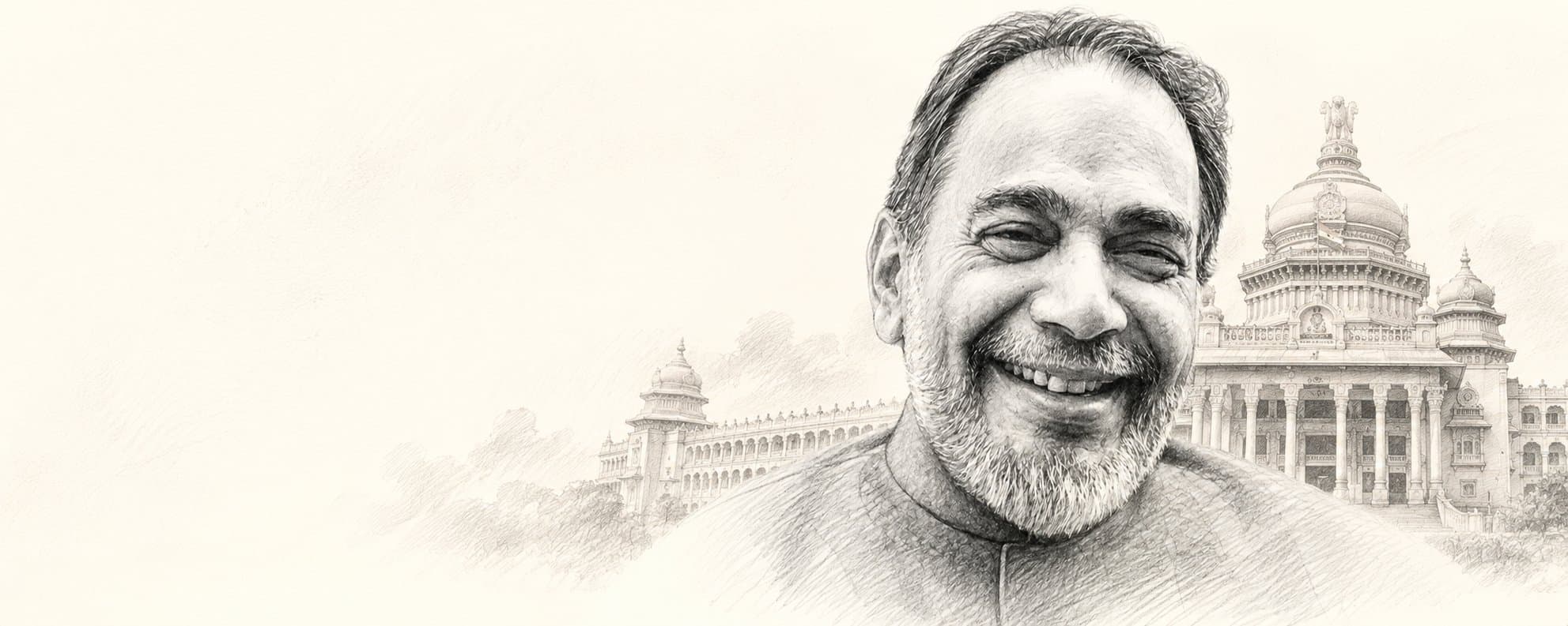 Pencil-sketch portrait of Ramakrishna Hegde smiling before Vidhana Soudha